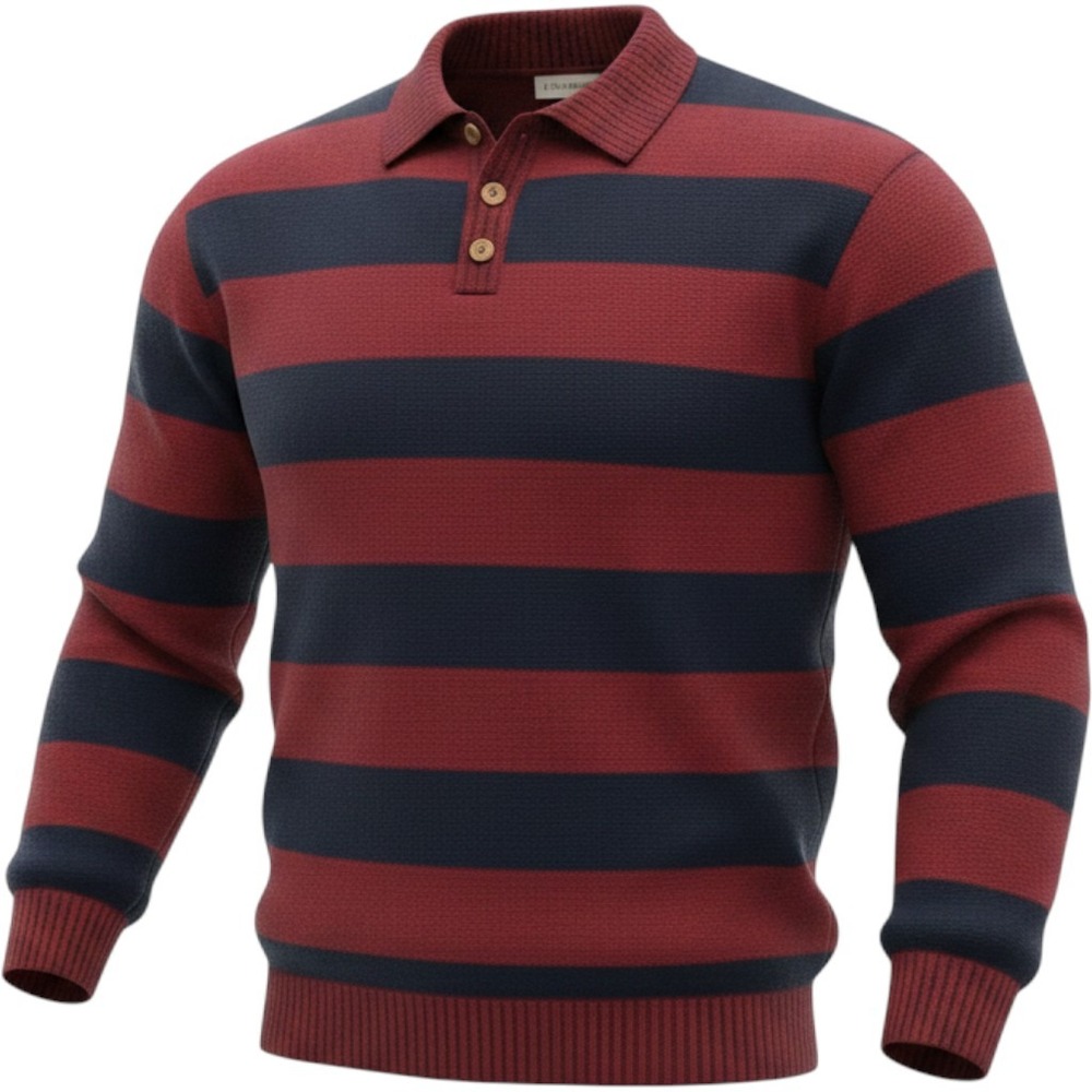 Pinnacle Striped Henley Sweater Mens Medium Burgundy Navy Blue Knit Vintage USA